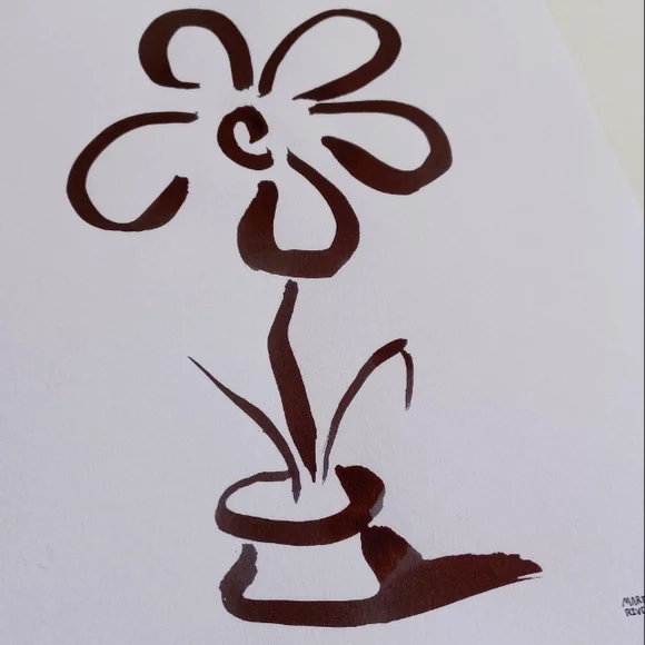 ORIGINAL ART Bold Flower Pot by Maria Rivera. 9x12" Black Ink Wall Art Painting - Picture 3 of 8